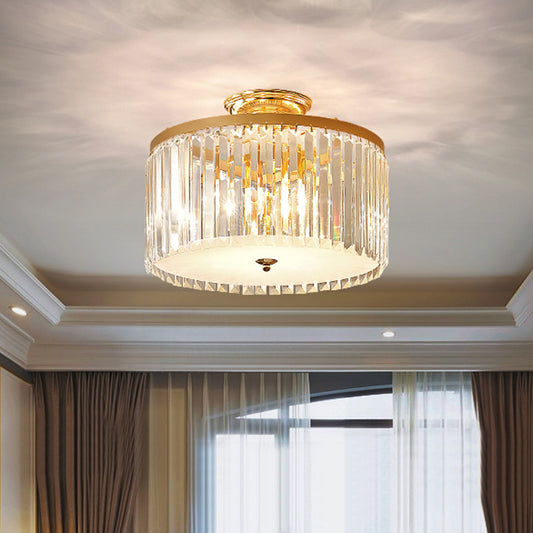 Gold Round Semi Mount Lighting Contemporary Crystal Rod LED Ceiling Fixture for Bedroom Clearhalo 'Ceiling Lights' 'Close To Ceiling Lights' 'Close to ceiling' 'Semi-flushmount' Lighting' 1771498