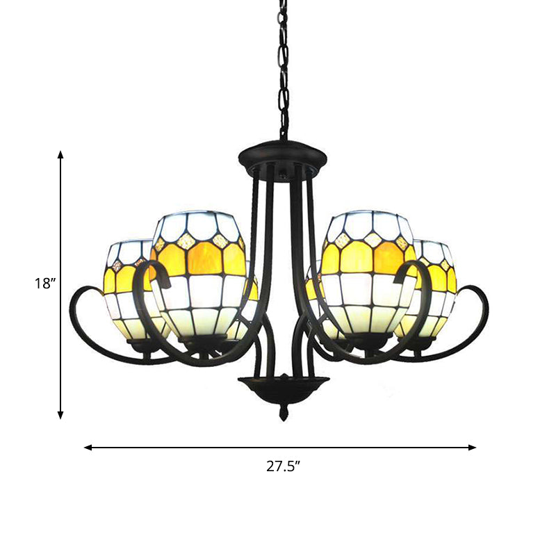 Oval Chandelier Lamp with Adjustable Chain 6/8 Lights Stained Glass Pendant Light in Yellow for Restaurant Clearhalo 'Ceiling Lights' 'Chandeliers' 'Industrial' 'Middle Century Chandeliers' 'Tiffany Chandeliers' 'Tiffany close to ceiling' 'Tiffany' Lighting' 177150