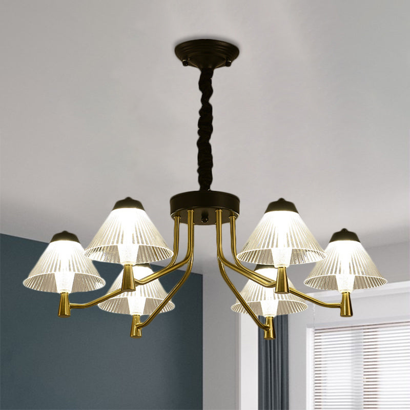 Black LED Conical Down Lighting Simple Ribbed Glass Chandelier Light Fixture for Bedroom Black Clearhalo 'Ceiling Lights' 'Chandeliers' 'Modern Chandeliers' 'Modern' Lighting' 1771501