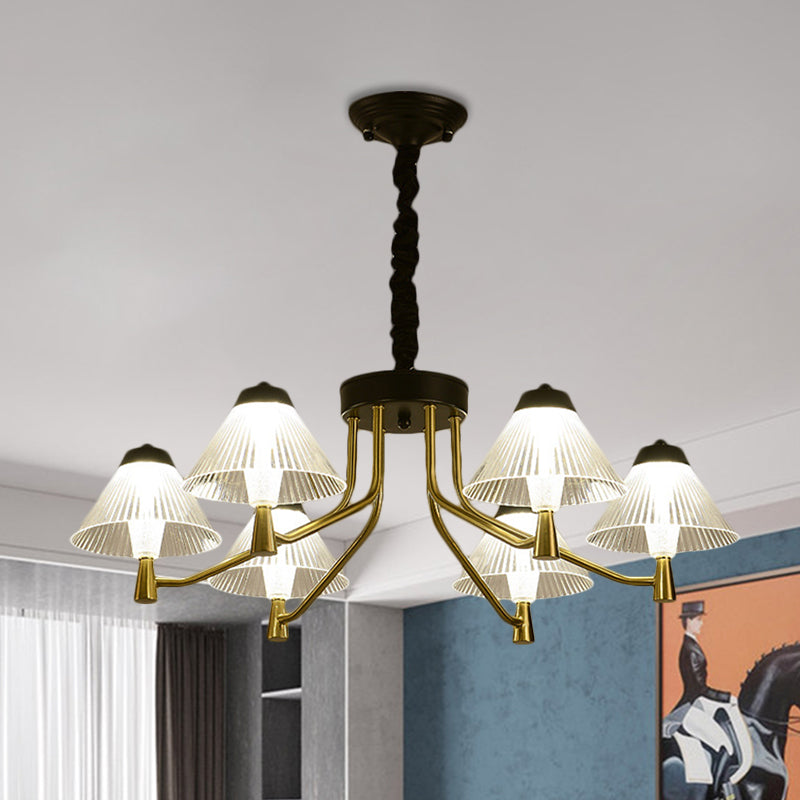 Black LED Conical Down Lighting Simple Ribbed Glass Chandelier Light Fixture for Bedroom Clearhalo 'Ceiling Lights' 'Chandeliers' 'Modern Chandeliers' 'Modern' Lighting' 1771502