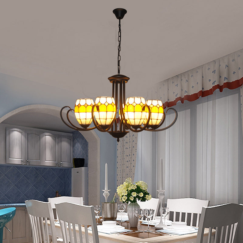 Oval Chandelier Lamp with Adjustable Chain 6/8 Lights Stained Glass Pendant Light in Yellow for Restaurant Clearhalo 'Ceiling Lights' 'Chandeliers' 'Industrial' 'Middle Century Chandeliers' 'Tiffany Chandeliers' 'Tiffany close to ceiling' 'Tiffany' Lighting' 177152