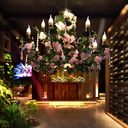 10-Bulb Ceiling Chandelier Antiqued Candelabra Metal Drop Pendant with Pink/Purple and Red Fake Flower Deco Pink Clearhalo 'Ceiling Lights' 'Chandeliers' Lighting' options 1771525_81d0fc23-e541-4c7a-a9b3-19f1ba415813