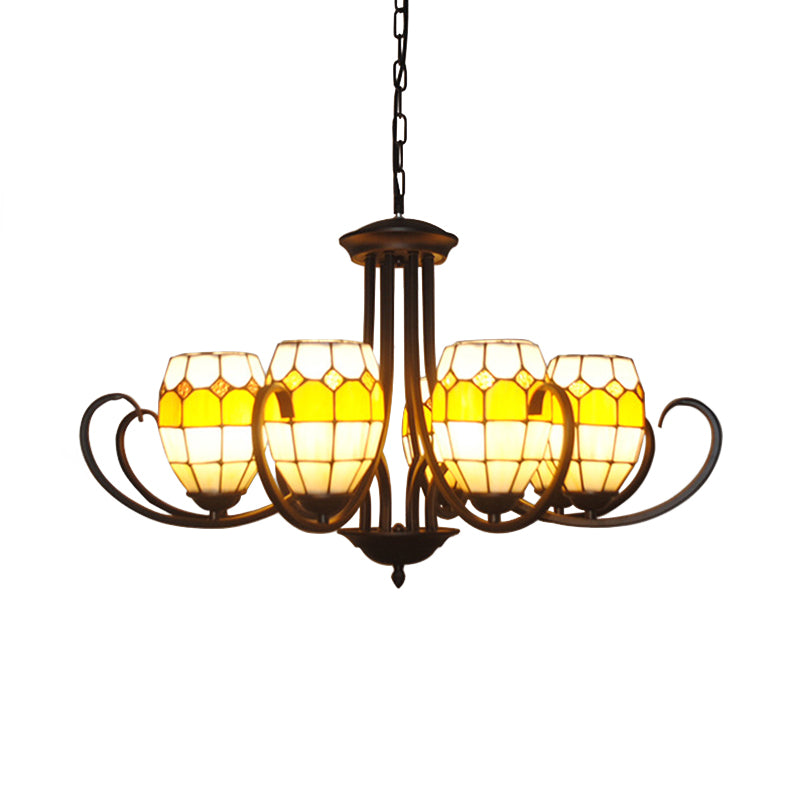 Oval Chandelier Lamp with Adjustable Chain 6/8 Lights Stained Glass Pendant Light in Yellow for Restaurant Clearhalo 'Ceiling Lights' 'Chandeliers' 'Industrial' 'Middle Century Chandeliers' 'Tiffany Chandeliers' 'Tiffany close to ceiling' 'Tiffany' Lighting' 177153