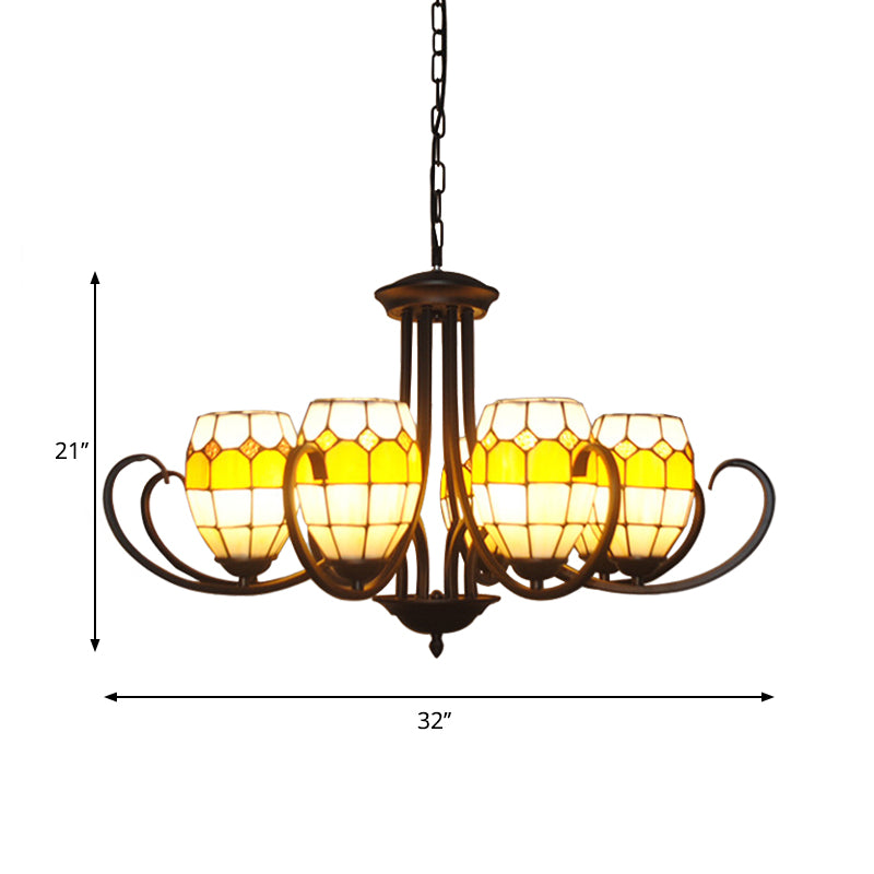 Oval Chandelier Lamp with Adjustable Chain 6/8 Lights Stained Glass Pendant Light in Yellow for Restaurant Clearhalo 'Ceiling Lights' 'Chandeliers' 'Industrial' 'Middle Century Chandeliers' 'Tiffany Chandeliers' 'Tiffany close to ceiling' 'Tiffany' Lighting' 177154