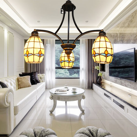 Magnolia Hanging Chandelier with Oval Glass Shade 3 Lights Rustic Pendant Lighting in Beige Beige Clearhalo 'Ceiling Lights' 'Chandeliers' 'Close To Ceiling Lights' 'Industrial' 'Middle Century Chandeliers' 'Tiffany Chandeliers' 'Tiffany close to ceiling' 'Tiffany' Lighting' 177155