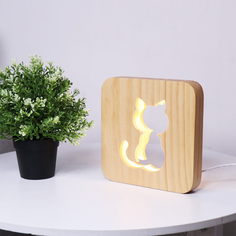 Wood Etched Cat Night Light Modernist LED Nightstand Lamp in Beige with Square Frame for Bedside Wood USB Clearhalo 'Lamps' 'Table Lamps' Lighting' 1771575