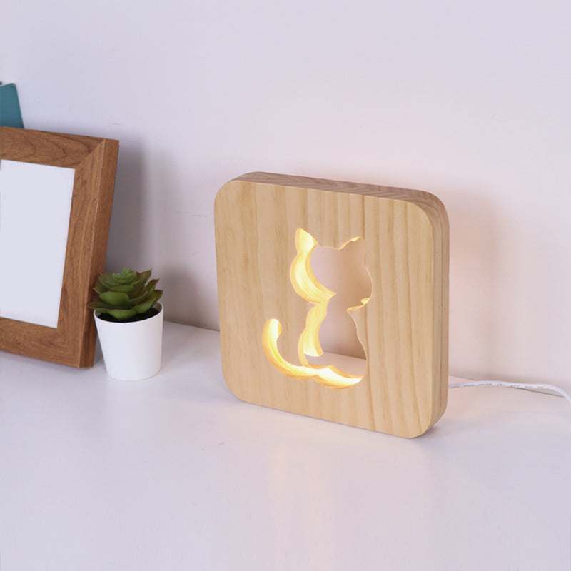 Wood Etched Cat Night Light Modernist LED Nightstand Lamp in Beige with Square Frame for Bedside Clearhalo 'Lamps' 'Table Lamps' Lighting' 1771576
