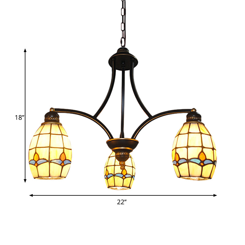Magnolia Hanging Chandelier with Oval Glass Shade 3 Lights Rustic Pendant Lighting in Beige Clearhalo 'Ceiling Lights' 'Chandeliers' 'Close To Ceiling Lights' 'Industrial' 'Middle Century Chandeliers' 'Tiffany Chandeliers' 'Tiffany close to ceiling' 'Tiffany' Lighting' 177158