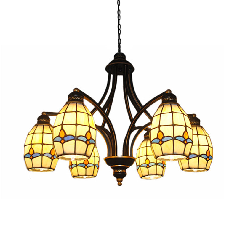 6/8 Lights Oval Ceiling Pendant with Magnolia Stained Glass Tiffany Chandelier Lighting in Beige Clearhalo 'Ceiling Lights' 'Chandeliers' 'Close To Ceiling Lights' 'Industrial' 'Middle Century Chandeliers' 'Tiffany Chandeliers' 'Tiffany close to ceiling' 'Tiffany' Lighting' 177161