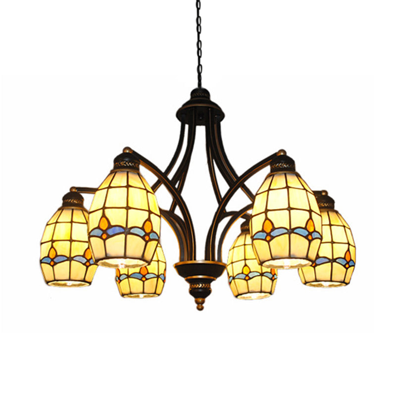 6/8 Lights Oval Ceiling Pendant with Magnolia Stained Glass Tiffany Chandelier Lighting in Beige Clearhalo 'Ceiling Lights' 'Chandeliers' 'Close To Ceiling Lights' 'Industrial' 'Middle Century Chandeliers' 'Tiffany Chandeliers' 'Tiffany close to ceiling' 'Tiffany' Lighting' 177161