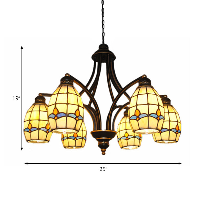 6/8 Lights Oval Ceiling Pendant with Magnolia Stained Glass Tiffany Chandelier Lighting in Beige Clearhalo 'Ceiling Lights' 'Chandeliers' 'Close To Ceiling Lights' 'Industrial' 'Middle Century Chandeliers' 'Tiffany Chandeliers' 'Tiffany close to ceiling' 'Tiffany' Lighting' 177162
