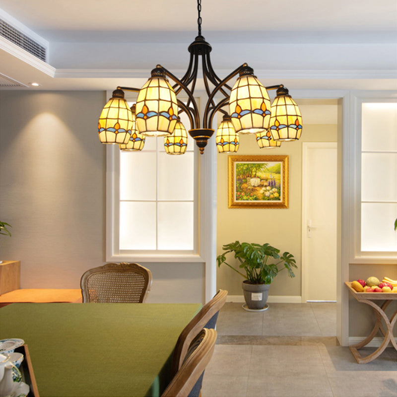 6/8 Lights Oval Ceiling Pendant with Magnolia Stained Glass Tiffany Chandelier Lighting in Beige Clearhalo 'Ceiling Lights' 'Chandeliers' 'Close To Ceiling Lights' 'Industrial' 'Middle Century Chandeliers' 'Tiffany Chandeliers' 'Tiffany close to ceiling' 'Tiffany' Lighting' 177164