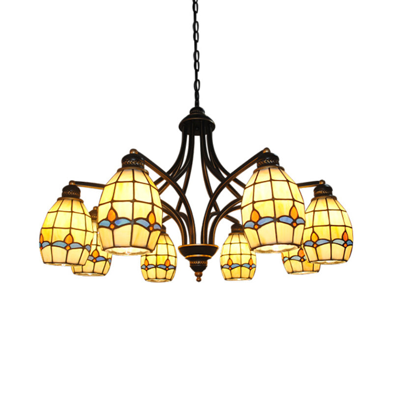 6/8 Lights Oval Ceiling Pendant with Magnolia Stained Glass Tiffany Chandelier Lighting in Beige Clearhalo 'Ceiling Lights' 'Chandeliers' 'Close To Ceiling Lights' 'Industrial' 'Middle Century Chandeliers' 'Tiffany Chandeliers' 'Tiffany close to ceiling' 'Tiffany' Lighting' 177165