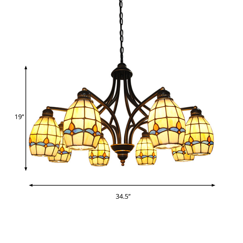6/8 Lights Oval Ceiling Pendant with Magnolia Stained Glass Tiffany Chandelier Lighting in Beige Clearhalo 'Ceiling Lights' 'Chandeliers' 'Close To Ceiling Lights' 'Industrial' 'Middle Century Chandeliers' 'Tiffany Chandeliers' 'Tiffany close to ceiling' 'Tiffany' Lighting' 177166