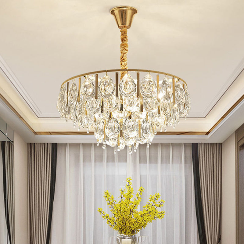 Crystal Conic Chandelier Modernism 3/4 Lights Gold Pendant Light Kit with Tiered Design, 16"/19.5" W Gold 19.5" Clearhalo 'Ceiling Lights' 'Chandeliers' 'Modern Chandeliers' 'Modern' Lighting' 1771660