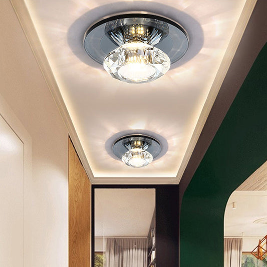 LED Porch Semi Flush Mount Light Simple Black/Tan Ceiling Lighting with Circle Clear Crystal Shade, Warm/White Light Black Clearhalo 'Ceiling Lights' 'Close To Ceiling Lights' 'Close to ceiling' 'Semi-flushmount' Lighting' 1771669