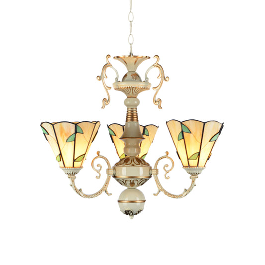 Beige Glass Leaf Pendant Light Traditional 3 Lights Foyer Chandelier Lamp with Adjustable Chain Clearhalo 'Ceiling Lights' 'Chandeliers' 'Close To Ceiling Lights' 'Industrial' 'Middle Century Chandeliers' 'Tiffany Chandeliers' 'Tiffany close to ceiling' 'Tiffany' Lighting' 177173
