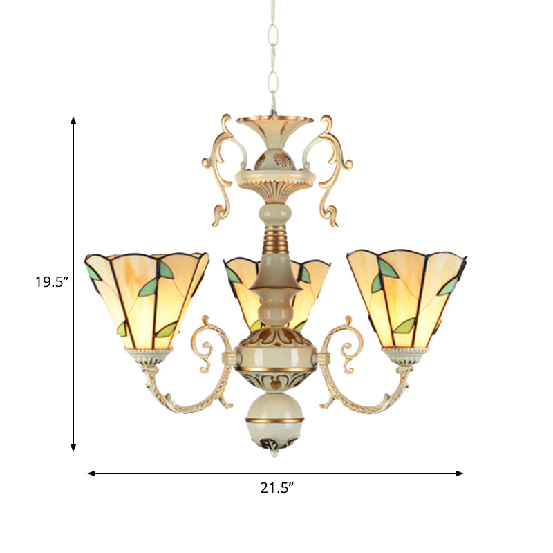 Beige Glass Leaf Pendant Light Traditional 3 Lights Foyer Chandelier Lamp with Adjustable Chain Clearhalo 'Ceiling Lights' 'Chandeliers' 'Close To Ceiling Lights' 'Industrial' 'Middle Century Chandeliers' 'Tiffany Chandeliers' 'Tiffany close to ceiling' 'Tiffany' Lighting' 177174