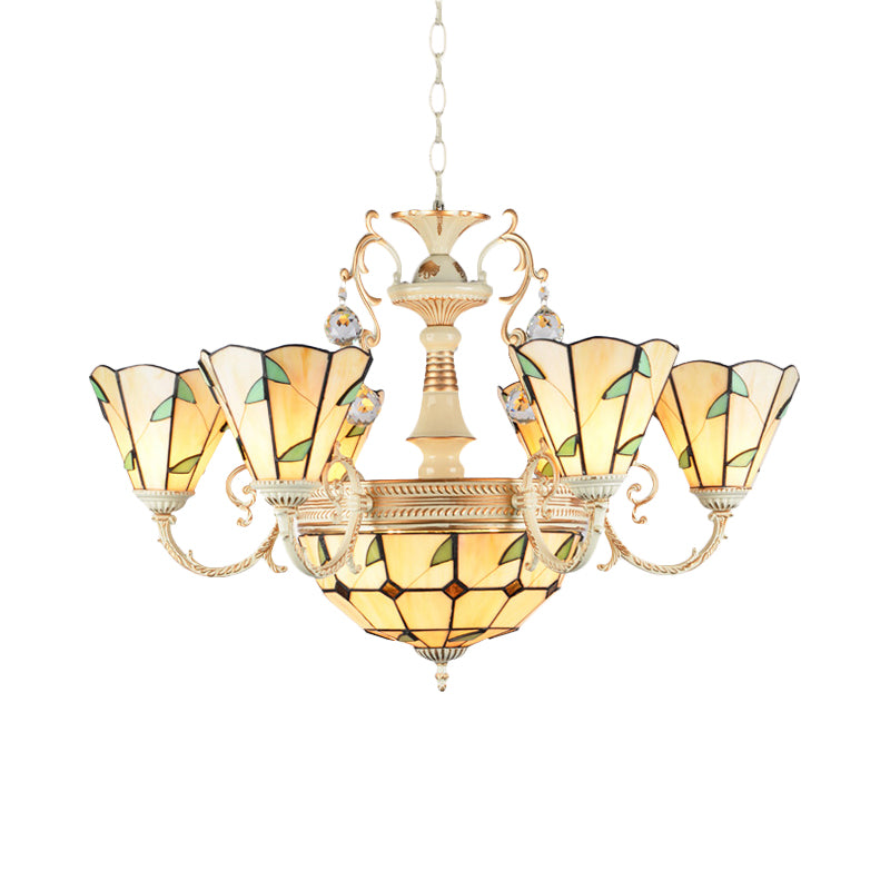 9/11 Lights Leaf Indoor Pendant Light with Cone and Dome Shade Stained Glass Rustic Chandelier in Beige Clearhalo 'Ceiling Lights' 'Chandeliers' 'Close To Ceiling Lights' 'Industrial' 'Middle Century Chandeliers' 'Tiffany Chandeliers' 'Tiffany close to ceiling' 'Tiffany' Lighting' 177182