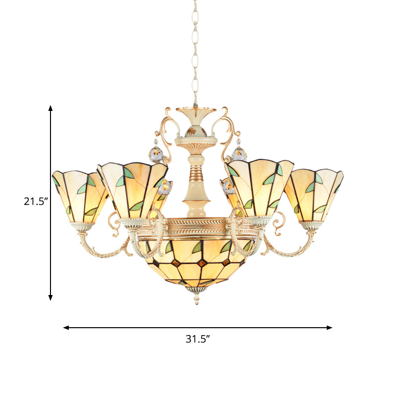 9/11 Lights Leaf Indoor Pendant Light with Cone and Dome Shade Stained Glass Rustic Chandelier in Beige Clearhalo 'Ceiling Lights' 'Chandeliers' 'Close To Ceiling Lights' 'Industrial' 'Middle Century Chandeliers' 'Tiffany Chandeliers' 'Tiffany close to ceiling' 'Tiffany' Lighting' 177183