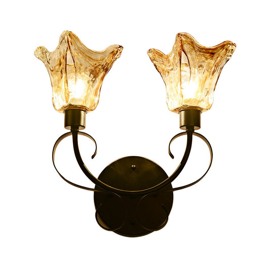 Amber Glass Black Sconce Light Floral 2 Bulbs Traditional Wall Lighting with Metal Curved Arm Clearhalo 'Wall Lamps & Sconces' 'Wall Lights' Lighting' 1771889