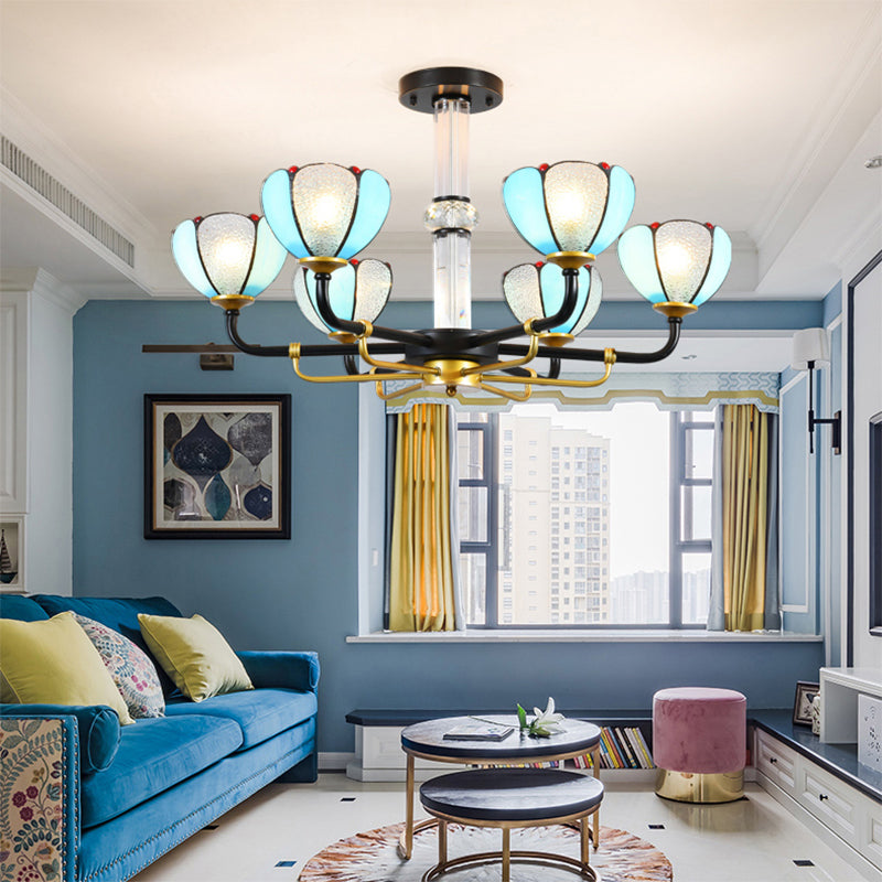 6/8 Lights Floral Chandelier Lighting Traditional Stained Glass Pendant Lighting in Blue for Living Room Clearhalo 'Ceiling Lights' 'Chandeliers' 'Industrial' 'Middle Century Chandeliers' 'Tiffany Chandeliers' 'Tiffany close to ceiling' 'Tiffany' Lighting' 177194