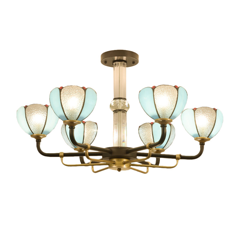 6/8 Lights Floral Chandelier Lighting Traditional Stained Glass Pendant Lighting in Blue for Living Room Clearhalo 'Ceiling Lights' 'Chandeliers' 'Industrial' 'Middle Century Chandeliers' 'Tiffany Chandeliers' 'Tiffany close to ceiling' 'Tiffany' Lighting' 177195