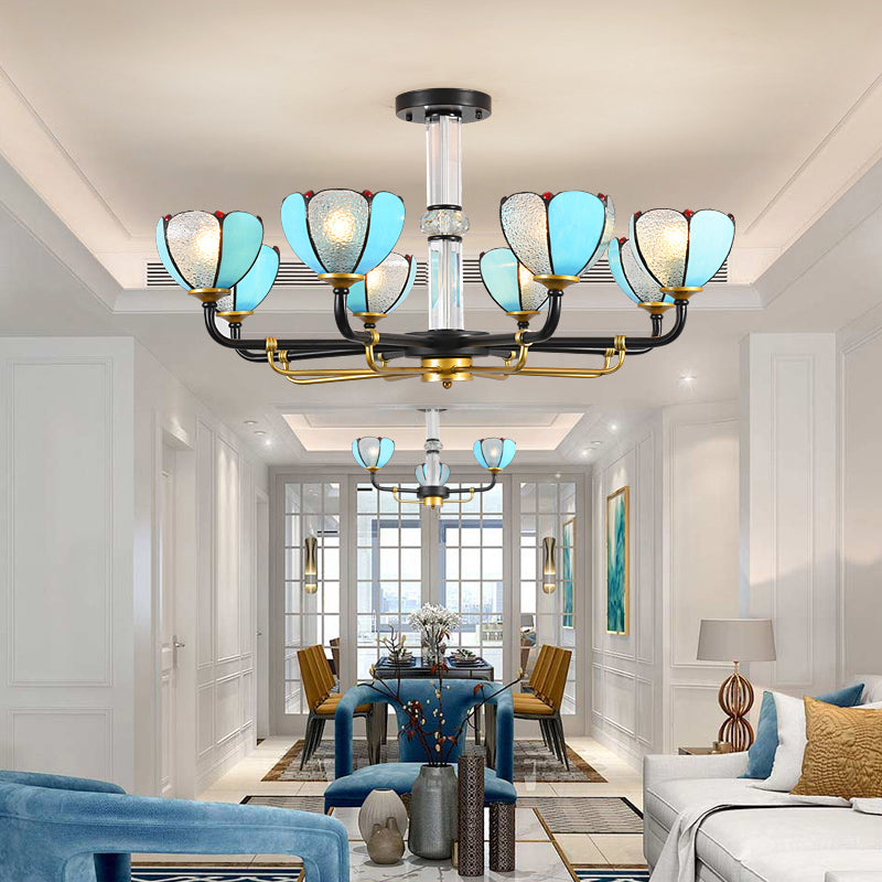 6/8 Lights Floral Chandelier Lighting Traditional Stained Glass Pendant Lighting in Blue for Living Room 8 Blue Clearhalo 'Ceiling Lights' 'Chandeliers' 'Industrial' 'Middle Century Chandeliers' 'Tiffany Chandeliers' 'Tiffany close to ceiling' 'Tiffany' Lighting' 177197