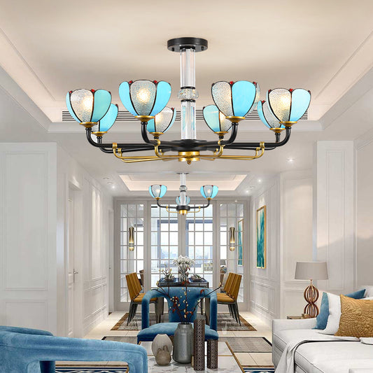 6/8 Lights Floral Chandelier Lighting Traditional Stained Glass Pendant Lighting in Blue for Living Room 8 Blue Clearhalo 'Ceiling Lights' 'Chandeliers' 'Industrial' 'Middle Century Chandeliers' 'Tiffany Chandeliers' 'Tiffany close to ceiling' 'Tiffany' Lighting' 177197