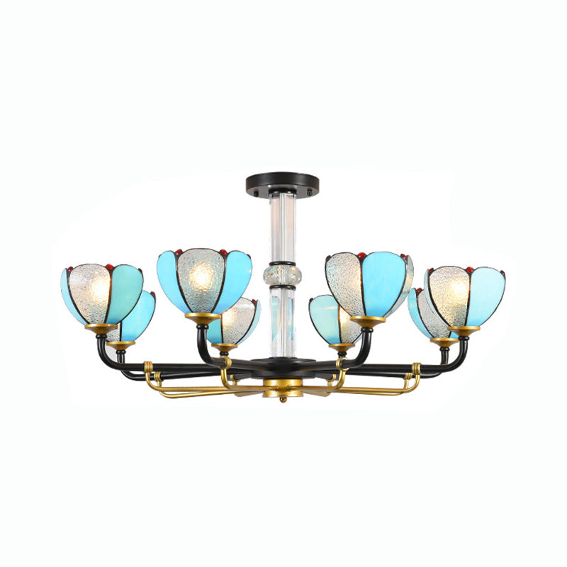 6/8 Lights Floral Chandelier Lighting Traditional Stained Glass Pendant Lighting in Blue for Living Room Clearhalo 'Ceiling Lights' 'Chandeliers' 'Industrial' 'Middle Century Chandeliers' 'Tiffany Chandeliers' 'Tiffany close to ceiling' 'Tiffany' Lighting' 177198