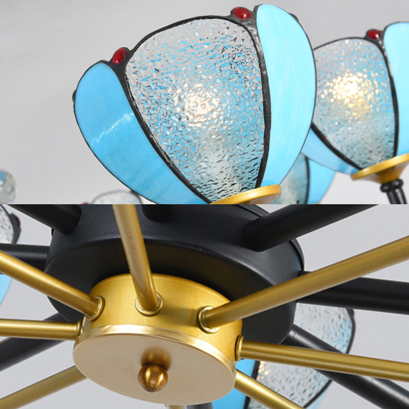 6/8 Lights Floral Chandelier Lighting Traditional Stained Glass Pendant Lighting in Blue for Living Room Clearhalo 'Ceiling Lights' 'Chandeliers' 'Industrial' 'Middle Century Chandeliers' 'Tiffany Chandeliers' 'Tiffany close to ceiling' 'Tiffany' Lighting' 177200