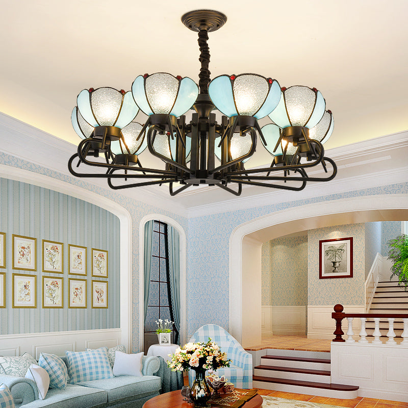 Blue Glass Petal Chandelier Lighting with Hanging Chain Tiffany Suspension Light for Living Room Clearhalo 'Ceiling Lights' 'Chandeliers' 'Industrial' 'Middle Century Chandeliers' 'Tiffany Chandeliers' 'Tiffany close to ceiling' 'Tiffany' Lighting' 177211