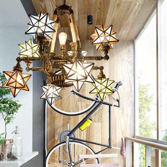 Colorful Glass Star Hanging Lamp with Pipe and Gear Multi Light Tiffany Ceiling Chandelier for Store Antique Bronze Clearhalo 'Ceiling Lights' 'Chandeliers' 'Industrial' 'Middle Century Chandeliers' 'Tiffany Chandeliers' 'Tiffany close to ceiling' 'Tiffany' Lighting' 177216