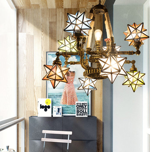 Colorful Glass Star Hanging Lamp with Pipe and Gear Multi Light Tiffany Ceiling Chandelier for Store Clearhalo 'Ceiling Lights' 'Chandeliers' 'Industrial' 'Middle Century Chandeliers' 'Tiffany Chandeliers' 'Tiffany close to ceiling' 'Tiffany' Lighting' 177217