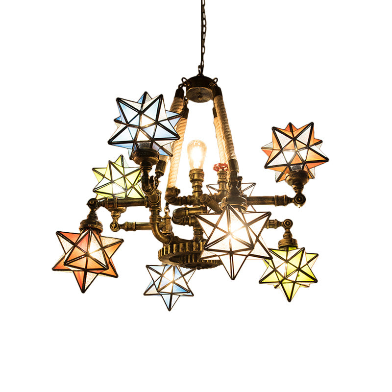 Colorful Glass Star Hanging Lamp with Pipe and Gear Multi Light Tiffany Ceiling Chandelier for Store Clearhalo 'Ceiling Lights' 'Chandeliers' 'Industrial' 'Middle Century Chandeliers' 'Tiffany Chandeliers' 'Tiffany close to ceiling' 'Tiffany' Lighting' 177218