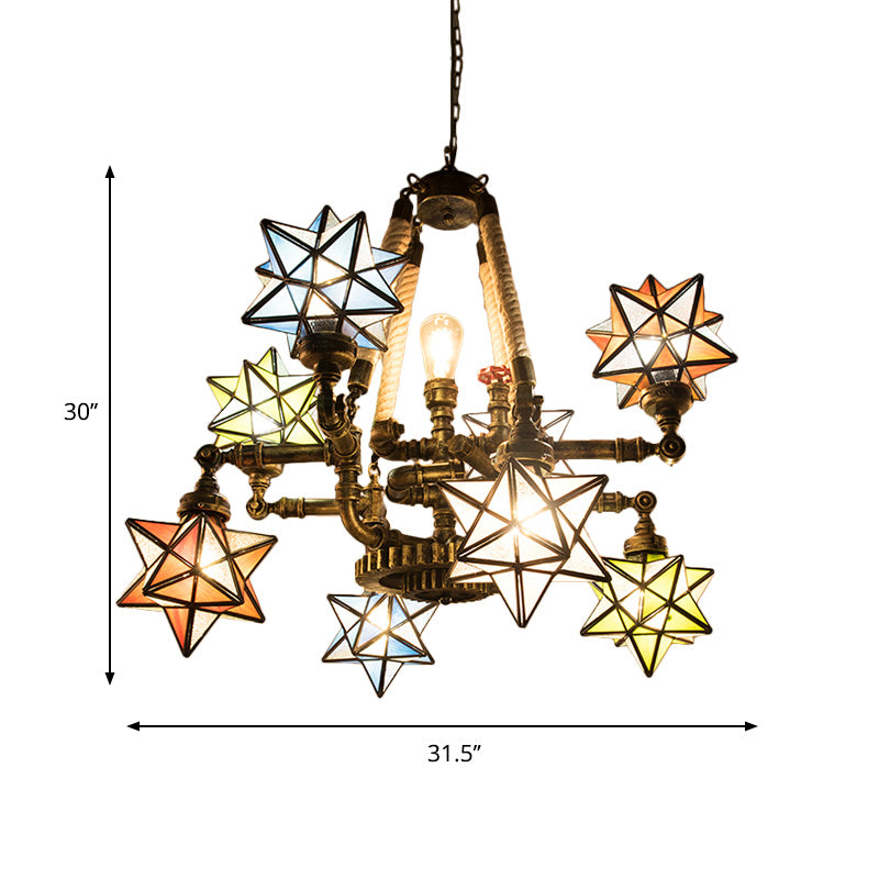 Colorful Glass Star Hanging Lamp with Pipe and Gear Multi Light Tiffany Ceiling Chandelier for Store Clearhalo 'Ceiling Lights' 'Chandeliers' 'Industrial' 'Middle Century Chandeliers' 'Tiffany Chandeliers' 'Tiffany close to ceiling' 'Tiffany' Lighting' 177219