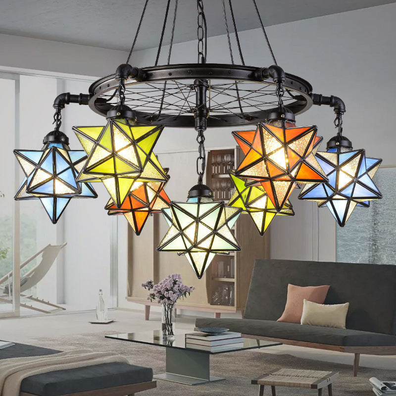 Tiffany Rustic Star Chandelier with Black Wheel 7 Lights Stained Glass Drop Ceiling Light for Library Clearhalo 'Ceiling Lights' 'Chandeliers' 'Industrial' 'Middle Century Chandeliers' 'Tiffany Chandeliers' 'Tiffany close to ceiling' 'Tiffany' Lighting' 177221