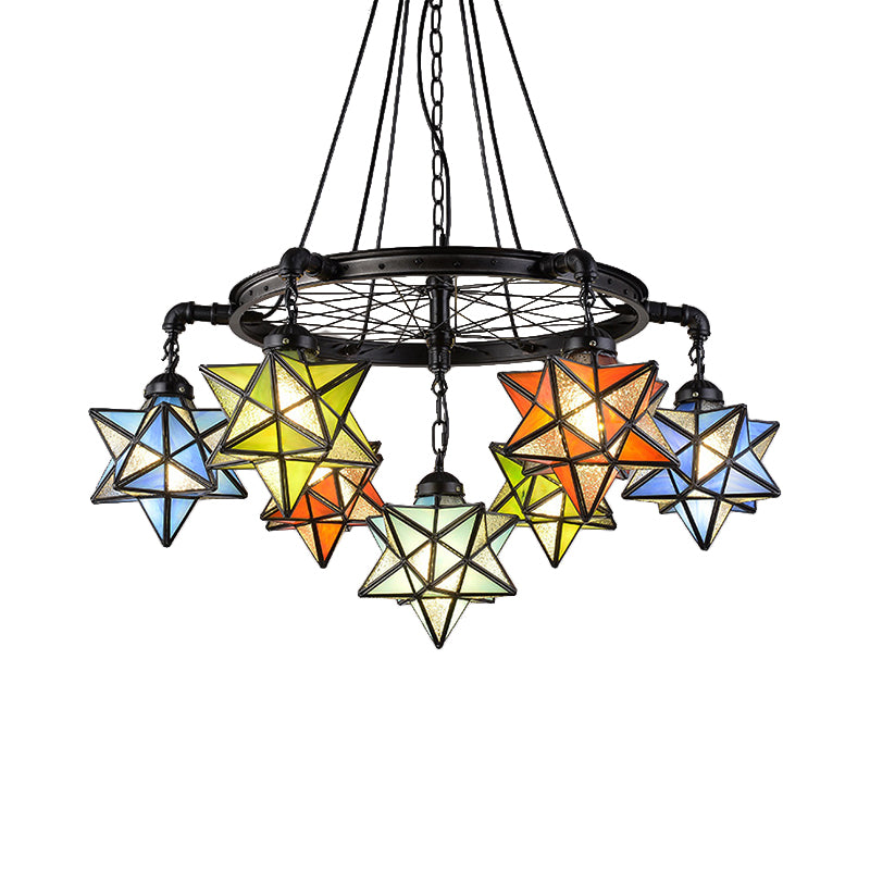 Tiffany Rustic Star Chandelier with Black Wheel 7 Lights Stained Glass Drop Ceiling Light for Library Clearhalo 'Ceiling Lights' 'Chandeliers' 'Industrial' 'Middle Century Chandeliers' 'Tiffany Chandeliers' 'Tiffany close to ceiling' 'Tiffany' Lighting' 177222