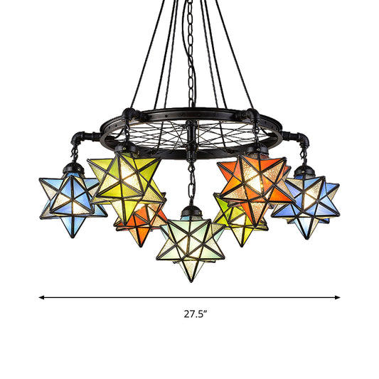 Tiffany Rustic Star Chandelier with Black Wheel 7 Lights Stained Glass Drop Ceiling Light for Library Clearhalo 'Ceiling Lights' 'Chandeliers' 'Industrial' 'Middle Century Chandeliers' 'Tiffany Chandeliers' 'Tiffany close to ceiling' 'Tiffany' Lighting' 177223
