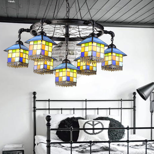 7 Lights House Chandelier Light Lodge Colorful Glass Pendant Light with Black Wheel for Library Black Clearhalo 'Ceiling Lights' 'Chandeliers' 'Industrial' 'Middle Century Chandeliers' 'Tiffany Chandeliers' 'Tiffany close to ceiling' 'Tiffany' Lighting' 177226