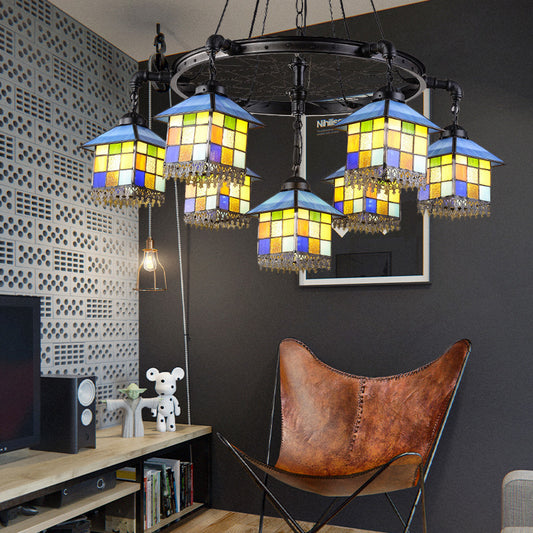 7 Lights House Chandelier Light Lodge Colorful Glass Pendant Light with Black Wheel for Library Clearhalo 'Ceiling Lights' 'Chandeliers' 'Industrial' 'Middle Century Chandeliers' 'Tiffany Chandeliers' 'Tiffany close to ceiling' 'Tiffany' Lighting' 177227