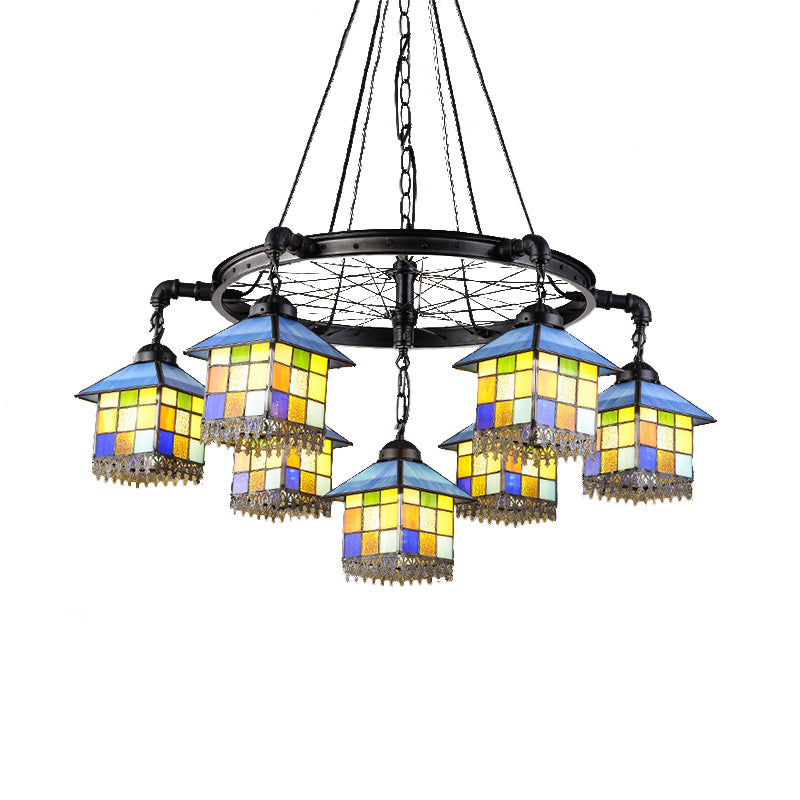 7 Lights House Chandelier Light Lodge Colorful Glass Pendant Light with Black Wheel for Library Clearhalo 'Ceiling Lights' 'Chandeliers' 'Industrial' 'Middle Century Chandeliers' 'Tiffany Chandeliers' 'Tiffany close to ceiling' 'Tiffany' Lighting' 177228