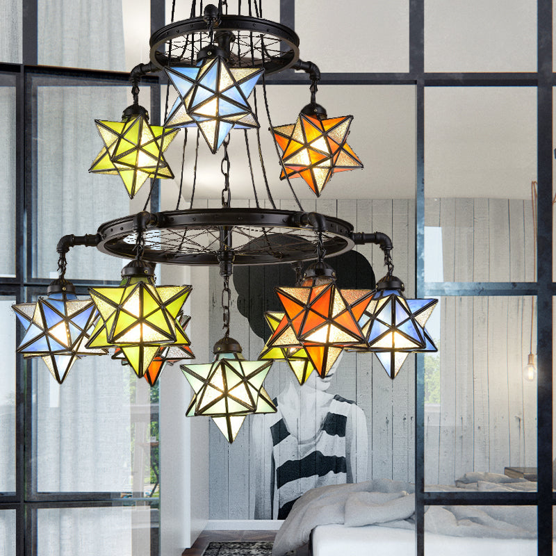 2 Tiers Star Chandelier Lamp Vintage Stained Glass Ceiling Light Fixture in Black Finish Black Clearhalo 'Ceiling Lights' 'Chandeliers' 'Industrial' 'Middle Century Chandeliers' 'Tiffany Chandeliers' 'Tiffany close to ceiling' 'Tiffany' Lighting' 177232