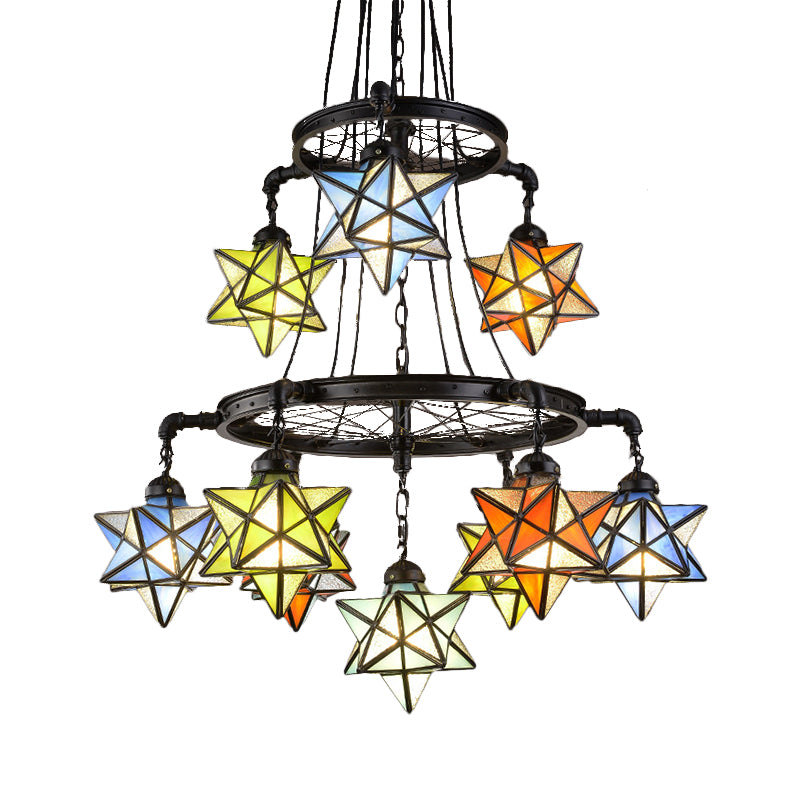 2 Tiers Star Chandelier Lamp Vintage Stained Glass Ceiling Light Fixture in Black Finish Clearhalo 'Ceiling Lights' 'Chandeliers' 'Industrial' 'Middle Century Chandeliers' 'Tiffany Chandeliers' 'Tiffany close to ceiling' 'Tiffany' Lighting' 177234