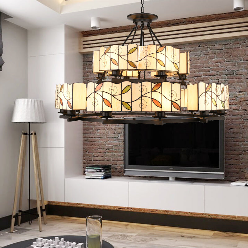 Chainlayer Light 2 Tiers Leaf Suspension Light with Metal Chain Stained Glass ...