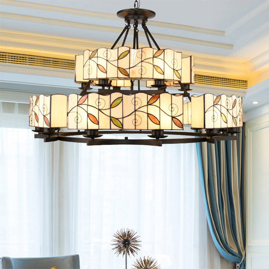 2 Tiers Leaf Suspension Light with Metal Chain Stained Glass Traditional Chandelier in Black Finish Clearhalo 'Ceiling Lights' 'Chandeliers' 'Close To Ceiling Lights' 'Industrial' 'Middle Century Chandeliers' 'Tiffany Chandeliers' 'Tiffany close to ceiling' 'Tiffany' Lighting' 177240