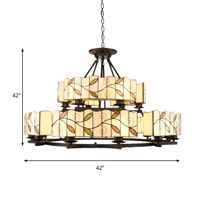 2 Tiers Leaf Suspension Light with Metal Chain Stained Glass Traditional Chandelier in Black Finish Clearhalo 'Ceiling Lights' 'Chandeliers' 'Close To Ceiling Lights' 'Industrial' 'Middle Century Chandeliers' 'Tiffany Chandeliers' 'Tiffany close to ceiling' 'Tiffany' Lighting' 177242