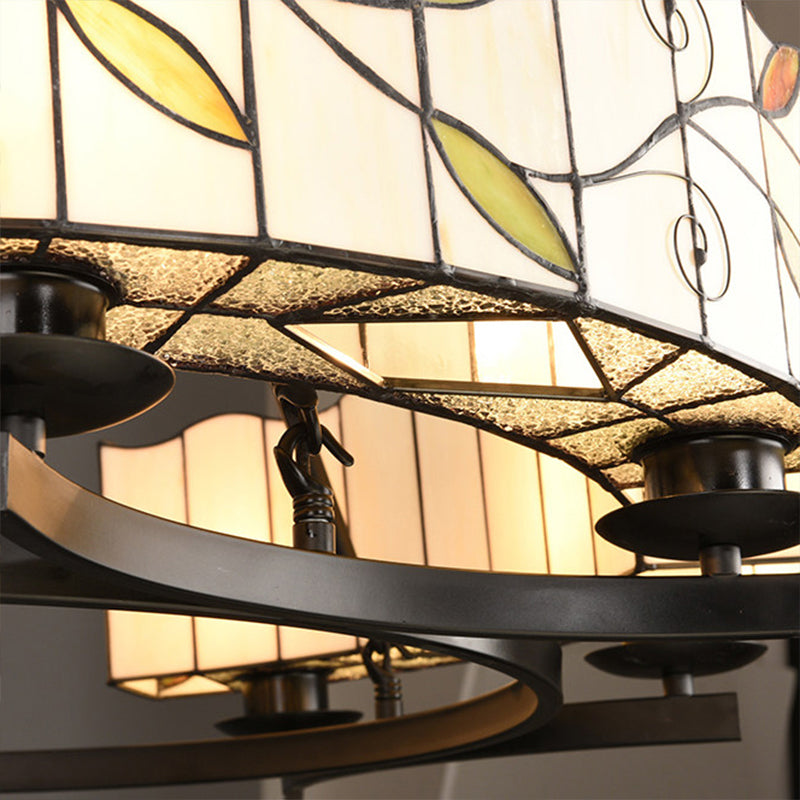 2 Tiers Leaf Suspension Light with Metal Chain Stained Glass Traditional Chandelier in Black Finish Clearhalo 'Ceiling Lights' 'Chandeliers' 'Close To Ceiling Lights' 'Industrial' 'Middle Century Chandeliers' 'Tiffany Chandeliers' 'Tiffany close to ceiling' 'Tiffany' Lighting' 177243