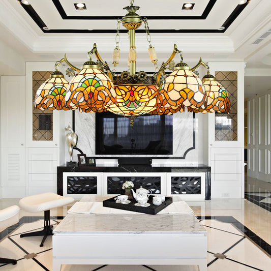 9/11 Lights Living Room Chandelier Lamp Victorian Yellow Pendant Light with Domed Stained Glass Shade 9 Yellow Clearhalo 'Ceiling Lights' 'Chandeliers' 'Industrial' 'Middle Century Chandeliers' 'Tiffany Chandeliers' 'Tiffany close to ceiling' 'Tiffany' Lighting' 177245