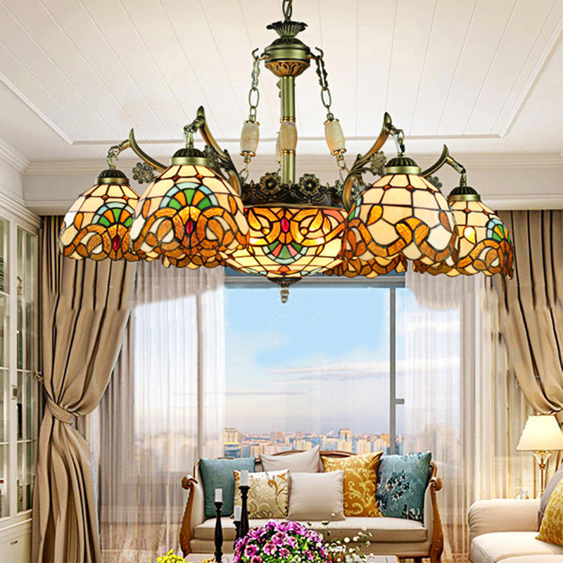 9/11 Lights Living Room Chandelier Lamp Victorian Yellow Pendant Light with Domed Stained Glass Shade Clearhalo 'Ceiling Lights' 'Chandeliers' 'Industrial' 'Middle Century Chandeliers' 'Tiffany Chandeliers' 'Tiffany close to ceiling' 'Tiffany' Lighting' 177246